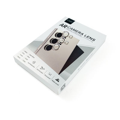 Papel prateado impresso personalizado, capa protetora de lente de câmera dobrável, caixa de embalagem de vidro temperado com janela